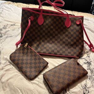 Brown and Pink checkered handbag, wallet and small pouch